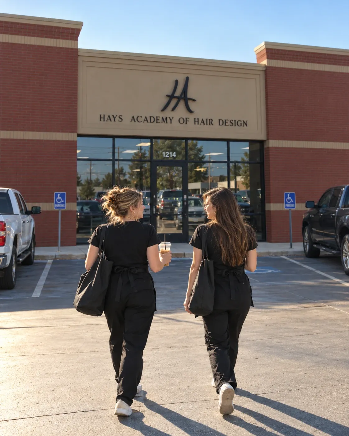 Hays Academy of Hair Design storefront in Hays, Kansas, students arriving for class