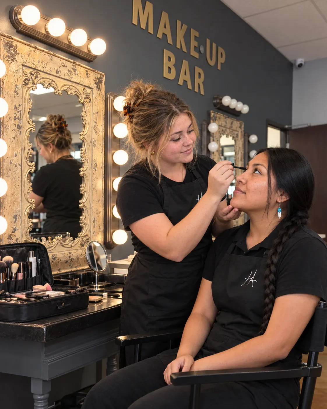 Students practicing makeup application at the Hays campus make-up bar
