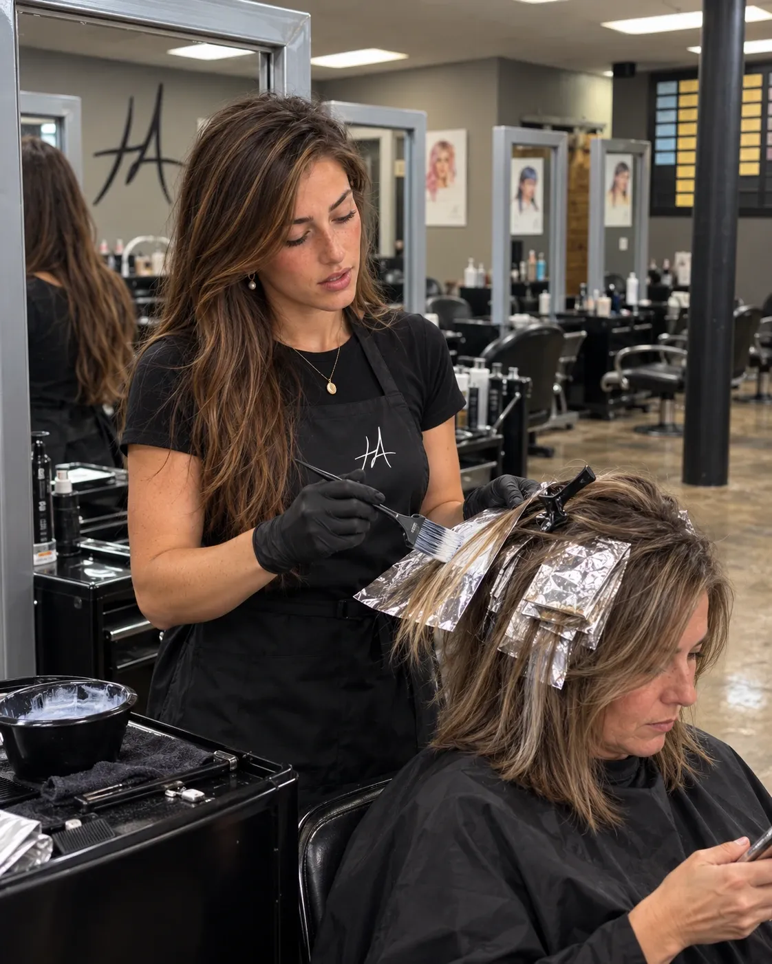 Two cosmetology students painting foils onto a guest's hair at a station on the salon floor