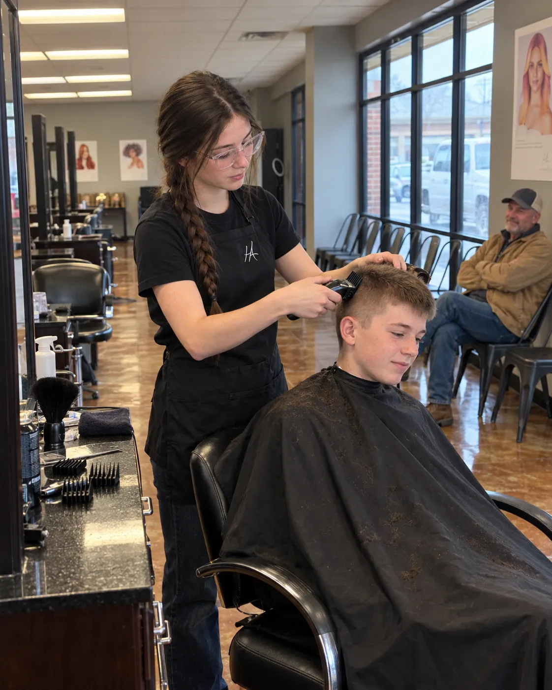 A cosmetology student giving a boy a clipper cut on the salon floor while his dad watches